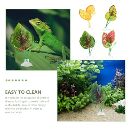 Hemoton 4pcs Artificial Reptile Terrarium Plants Leaves Decorations with Suction Cups, Vivid Landscaping Leaves for Turtle Lizard Chameleon Snake Habitat, Pet Box Ornament
