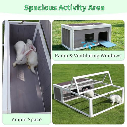 Tortoise House Habitat Wooden with Cover, Chicken Coop with Run Rabbit Hutch Small Animal Hutch Enclosure Indoor/Outdoor-Grey + White Trim - color: Grey&White Trim-2