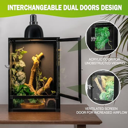 12"x12"x18" Reptile Terrarium, Hybrid Cage PVC Habitat Enclosure with Screen & Acrylic Doors, Ventilated Tank for Gecko,Chameleon, Snake, Frog, Easy Assembly, Front Dual Access - size: 12x12x18 inch-two doors