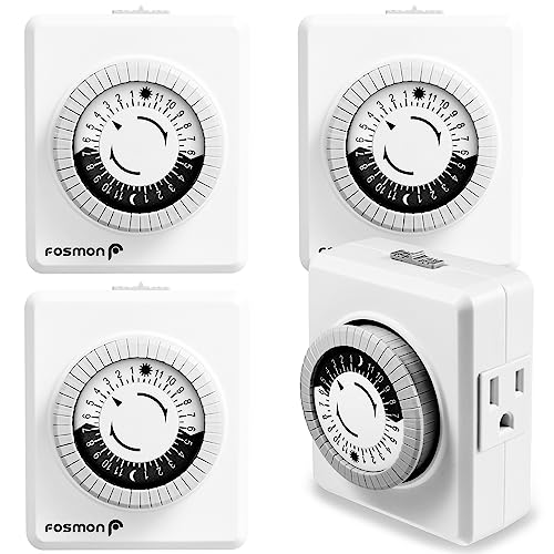Fosmon Outlet Timers for Electrical Outlets, 24-Hour Dual Plug in Light Timers Programmable Indoor, Heavy Duty Electric Wall Plugs for Reptile, Grow Light, Grounded, 3 Prong/15A/1875W- 4 Pack