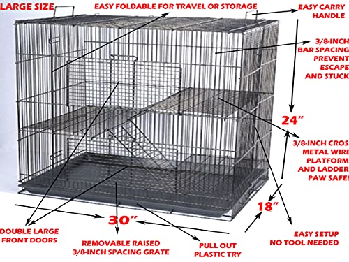 Large 3-Level Easy Foldable Bite-Proof with Tight 3/8 Inch Bar Spacing Shelves & Ladders for Ferret Chinchilla Sugar Glider Rats Mice Gerbil Mouse Metal Travel Carrier Cage Easy Clean Pull Out Tray - color: White