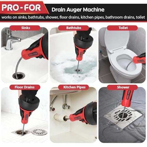 Drain Auger, 16.4FT Plumbing Snake Drain Clog Remover, Manual & Drill Powered Drain Snake for 0.75–2 Inch Pipes, Sink, Shower, Bathtub, Toilet, Kitchen Drain Cleaner Tool with Steel Cable