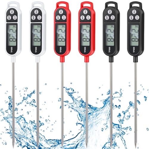 Copkim 6 Pcs Instant Read Meat Thermometer with Long Probe 9.65 Inch Kitchen Cooking Food Candy Waterproof Digital Thermometer for BBQ Water Milk Yogurt Liquid (Round&Square Ring,Black,White,Red) - color: Black, White, Red