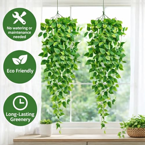 Adak Fake Hanging Plants Vines (2 Pack) – Artificial Ivy Greenery Garlands for Room Decor, Bedroom, Living Room, Kitchen, Office & Patio – Indoor & Outdoor Hanging Décor (No Flowerpot)
