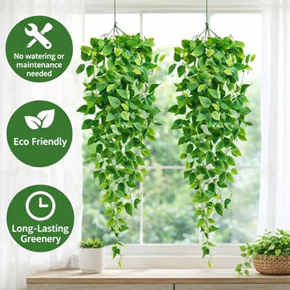 Adak Fake Hanging Plants Vines (2 Pack) – Artificial Ivy Greenery Garlands for Room Decor, Bedroom, Living Room, Kitchen, Office & Patio – Indoor & Outdoor Hanging Décor (No Flowerpot)
