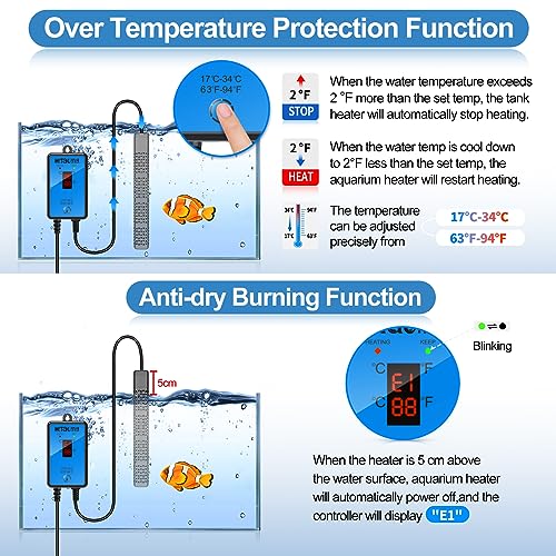 HiTauing Aquarium Heater, Upgraded 300W/500W Fish Tank Heater with Intelligent Leaving Water Automatically Stop Heating and Advanced Temperature Control System, Suitable for Saltwater and Freshwater - size: 500W for 75-135 Gallon