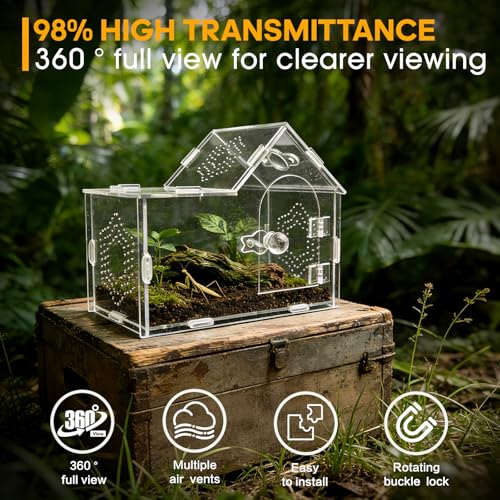 Acrylic Jumping Spider Enclosure with Magnetic Lock – Clear Ventilated Terrarium Box for Tarantulas, Geckos, Mantises, Hermit Crabs, Snails, and Other Small Pets (7.9 x 4 x 6 Inch)