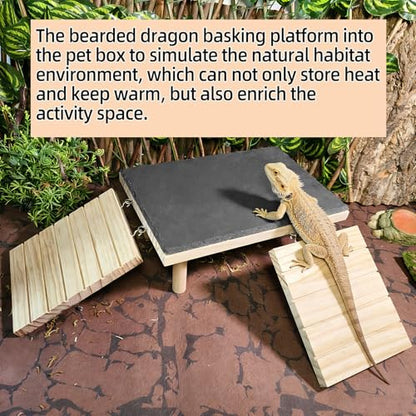 Bearded Dragon Basking Platform with Climbing Ramp,Leopard Gecko Basking Platform with Slate Stone,Reptile Basking Rock Hide Cave Climbing Accessories for Turtle,Snake,Lizard(9.8×5.9×3.9IN) - size: S - 9.8"D x 5.9"W x 4.7"H
