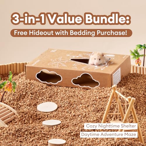 BUCATSTATE Cork Bedding 5L, Natural Hamster Bedding Odor Control for Dwarf Syrian Hamsters, Gerbils, Mice, Low-dust Hamster Substrate with Paper Hideout Box (Grain 2-4mm)