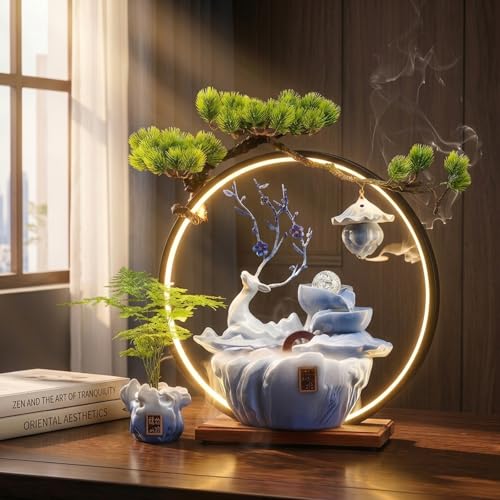 Tabletop Water Fountain, 17.3”Tall Deer Statue Waterfall Fountain with Incense Holder, LED Light & Adjustable Pump, Zen Relaxation Desk Fountains for Office,Living Room or Bedroom