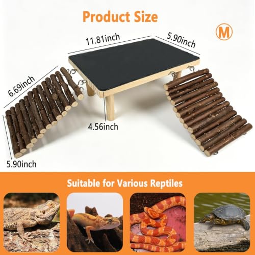 Bearded Dragon Basking Platform with Climbing Ramp,Reptile Basking Rock Slate Stone,Wood Lizard Resting Platform Hide Cave Tank Accessories for Gecko Tortoise Snake Frog(Medium) - size: M: 6"x 11.8"x 4.56"