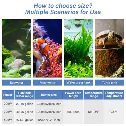 hygger 300w Aquarium Heater, Fish Tank Heater with Intelligent Temperature Control, Over-Temperature Protection and Automatic Power-Off When Leaving Water, for 40-75 Gallon Tanks - size: 300W (for 40-75 gallon)