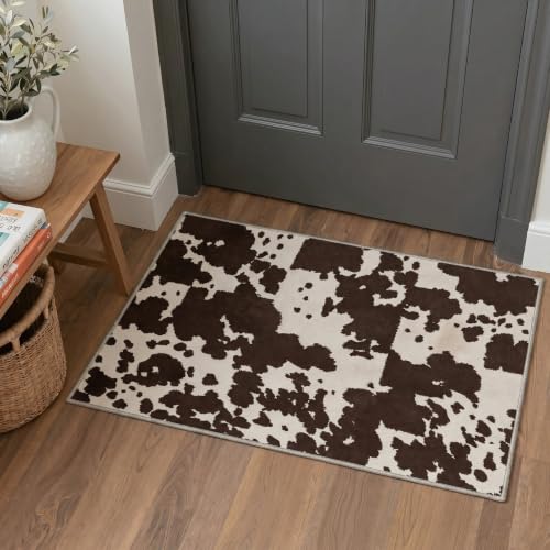 Bavni 2x3 Doormat, Cow Hide Machine Washable,Soft Animal Small Boho Rugs Non Slip Low Pile Non-Shedding Throw Indoor Print Woodland Jungle Carpet for Entryway Front Door Bathroom, Chocolate Brown - color: Chocolate Brown, size: 2'x3'
