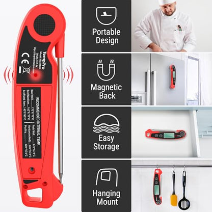 TempPro TP605 Instant Read Meat Thermometer for Cooking, Waterproof Digital Food Thermometer with Large Backlit LCD, Kitchen Thermometer for Grilling, Smoking & Candy Making (Previously ThermoPro) - color: Red