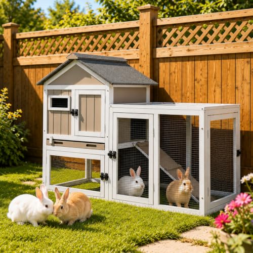 Gowoodhut 46.5" L Rabbit Hutch Indoor Outdoor Rabbit Cage with Run, Pull Out Tray, Asphalt Roof Large 2 Story Bunny Hutch Wooden Chicken Coop Guinea Pigs Pet House Cage for Small Animals,Grey - size: PET31NEW