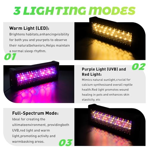 HNRLOY Reptile UVB LED Light Full Spectrum,10Inch UVA/UVB LED Reptile Light for Bearded Dragons,Chameleons,Turtles,Lizards,Geckos,Snakes, Adjustable Timer, Dimmable Reptile Lamp with 3 Lighting Modes - size: 10Inch