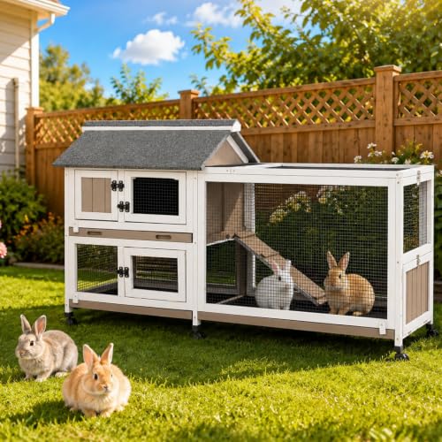 2-Story Rabbit Hutch Indoor & Outdoor, Large Bunny Hutch with 3 Pull-Out Trays, 6 Lockable Wheels, Wooden Rabbit Cage with Asphalt Roof & 6 Accesses for 2-4 Rabbits, Backyard, Home, Patio - size: PET80