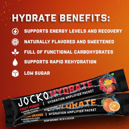 Jocko Fuel Hydrate Electrolytes Powder Packets Low Sugar - Hydration Amplifier Packets for Recovery, Dehydration, & Exercise - with Vitamins B6, B12 & C (16 Packets) Island Orange