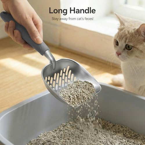 Cat Litter Scoop, Large Long Handle Kitty Metal Scooper, Heavy Duty Aluminum Deep Sifter, Ergonomic Non-Slip Grip, Rustproof Durable Poop Cleaner for Cat Litter Box - color: Gray, size: Large