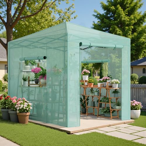 Greesum 8x6 FT Portable Pop-up Greenhouse with Center Lock, PE Cover, Zippered Door and 2 Roll-up Windows, Easy Assemble(Green) - style: 8X6 FT