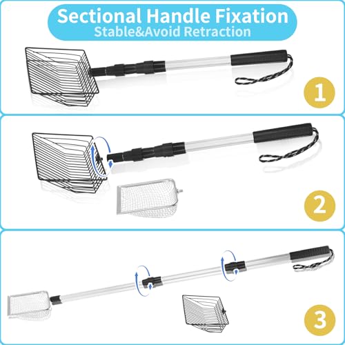 3 PCS Chicken Poop Scooper,Stretchable Coop Scoop for Rudak Chicken,Detachable Stainless Steel Cat Litter Scoop with Mesh Replacement Head,Long Handle Cat Poop Scooper Sand Sifting Shovel