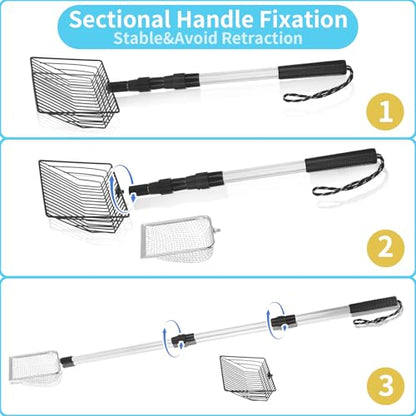 3 PCS Chicken Poop Scooper,Stretchable Coop Scoop for Rudak Chicken,Detachable Stainless Steel Cat Litter Scoop with Mesh Replacement Head,Long Handle Cat Poop Scooper Sand Sifting Shovel