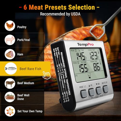 TempPro TP17 Dual Probe Digital Cooking Meat Thermometer Large LCD Backlight Food Grill Thermometer with Timer Mode for Smoker Kitchen Oven BBQ, Silver (Previously ThermoPro) - size: 2-probes