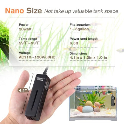 hygger Mini Fish Tank Submersible Heater 20W for 1-5 Gallons Desktop Betta Aquarium Heater with Digital Display Controller Adjustable Temperature - size: 20 Watt