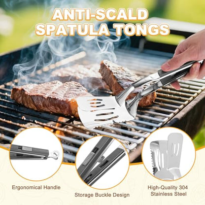 M METERXITY Spatula Tongs, 13.4 Inch 304 Stainless Steel Anti-Scald Extended Serrated Multifunctional Flipper Grill Clamp for Cooking/Barbecue, Kitchen Cooking Tong [Gray Handle, Silver Tone] - color: Gray Handle, Silver Tone