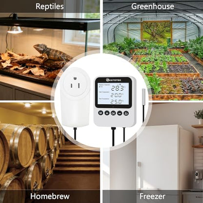 KETOTEK 3-in-1 Plug-in Thermostat Outlet, Digital Day/Night Temperature Controller with Timer & Probe for Reptile Terrarium, Greenhouse & Brewing — Heating & Cooling Mode, 120V, °F/°C Switchable