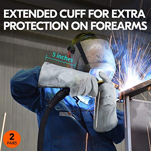 Vgo... 13.5 Inches Welding Gloves Heat/Fire Resistant Leather For Mig,Tig,Wood Stove,Animal handling,Forge,BBQ,Grill for Mens Womens(2 Pairs,White,CB6501)