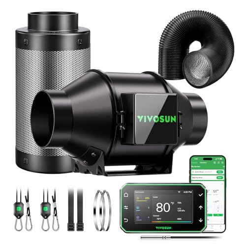 VIVOSUN Smart Air Filtration PRO G4 Kit 4", AeroZesh G4 Inline Duct Fan w/GrowHub E42A+ Temp. Humidity WiFi-Controller, Carbon Filter & Ducting, Cooling & Ventilation System for Grow Tent, Hydroponics - size: 4" Basic