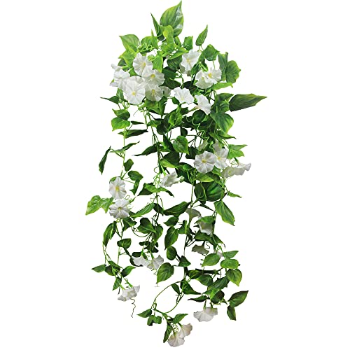 FERIAL Artificial Vines for Decoration with Flowers 2 Pcs Hanging Plants Silk Garland White Morning Glory Vine Artificial Plants Outdoors 15Feet Fake Vine Plants for Wedding Indoor Wall Fence Baskets - color: White