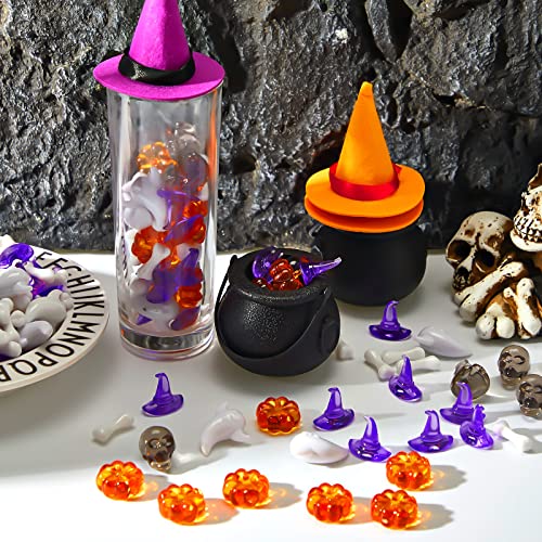 Deekin 240 Pcs Mini Skull Head Mini Pumpkin Acrylic Embellishment Set, Small Table Scatter Vase Filler Resin Ornaments Witch Hat Skeleton Bone Ghost Scrapbooking Thanksgiving Fall Autumn Party