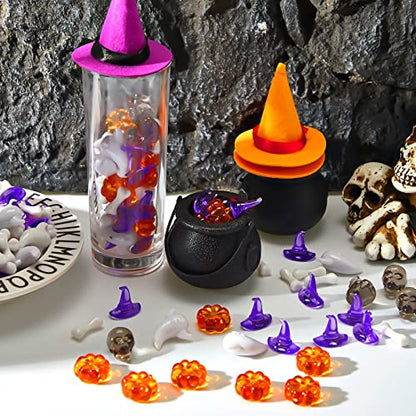 Deekin 240 Pcs Mini Skull Head Mini Pumpkin Acrylic Embellishment Set, Small Table Scatter Vase Filler Resin Ornaments Witch Hat Skeleton Bone Ghost Scrapbooking Thanksgiving Fall Autumn Party