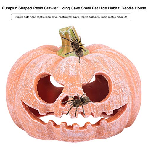 POPETPOP Pumpkin Shaped Resin Reptile Hideout Aquarium Decor Small Pet Hide Cave 3.93 Inch Halloween Habitat for Lizards and Shrimp