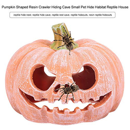 POPETPOP Pumpkin Shaped Resin Reptile Hideout Aquarium Decor Small Pet Hide Cave 3.93 Inch Halloween Habitat for Lizards and Shrimp