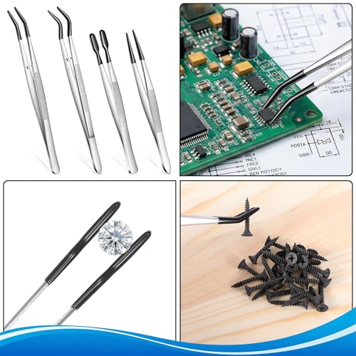 4 PCS Tweezers with Rubber Tips Set, PVC Coated Rubber Tip Tweezers for Crafting, Straight Flat Tip Long Bent Precision Tweezer Set for Crafts, Stamps, Beads, Jewelry, Lab Work