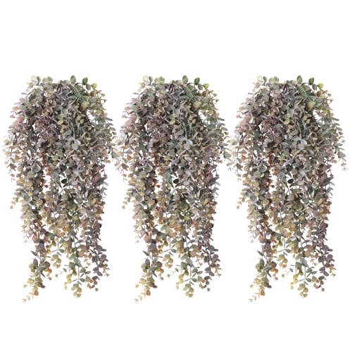 RECUTMS Hanging Eucalyptus Leaves Artificial Hanging Plants 3Pcs Faux Eucalyptus Greenery Vines Lifelike Fake Plastic Plants for Spring Wedding Wall Indoor Outdoor Valentines Day Decor (Dusty Purple) - color: Dusty Purple