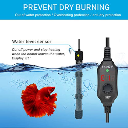 YukiHalu Small Submersible Aquarium Heater, Adjustable Mini Fish Tank Heater 25W 50W 100W 200W 300W with External Temperature Controller, LED Display, Used for 5/10/20/40/60 Gallons (300 Watt) - size: 300 Watts