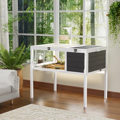 KEIKI Tortoise House with Lamp Holder, Wooden Turtle Enclosure Cage with Large Observation Window, Waterproof Tray, Detachable Legs for Turtles, Lizards, Geckos, and Small Pets Indoor Outdoor