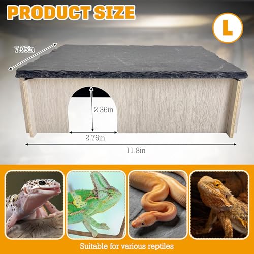 PINVNBY Large Bearded Dragon Basking Platform, Wooden Snake Hide, Ball Pythons Hide with Slate Rock, Leopard Gecko Tank Accessories for Geckos, Crested Gecko Chameleon Turtles (L: 11.8x7.87 inches) - size: L: 11.8x7.87 inches