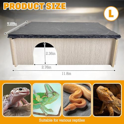 PINVNBY Large Bearded Dragon Basking Platform, Wooden Snake Hide, Ball Pythons Hide with Slate Rock, Leopard Gecko Tank Accessories for Geckos, Crested Gecko Chameleon Turtles (L: 11.8x7.87 inches) - size: L: 11.8x7.87 inches