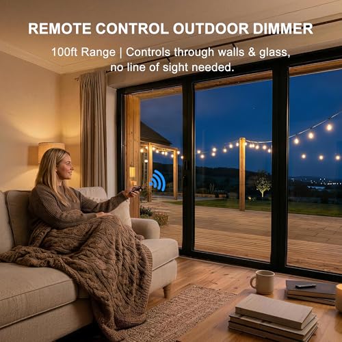 Outdoor Dimmer for String Lights, Plug-in 350W Timer & Remote | IP65 waterproof LED light dimmer switch. 100FT RF remote control works through walls. Perfect for patio & backyard bulbs