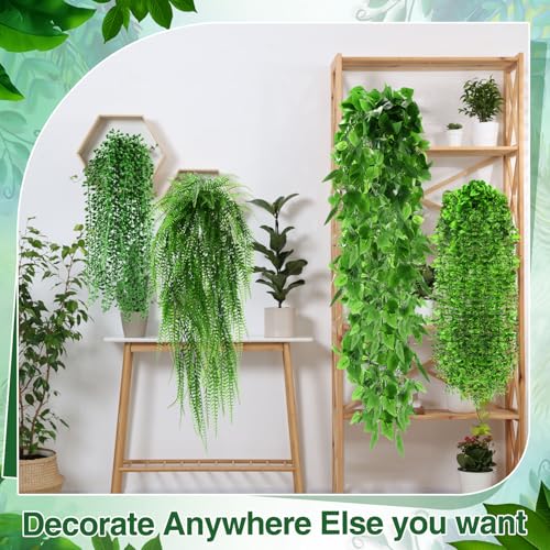 Daifunli 12 Pcs Artificial Hanging Plants Fake Hanging Ferns Plastic Faux Plants for Wall Room Garden Garland Indoor Outdoor Decor No Basket (Boston,Eucalyptus,Ivy Vine,String of Pearls) - style: Boston, Eucalyptus, Ivy Vine, String of Pearls