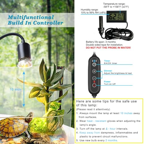 DOMICA Dimmable Reptile Heat Lamp with Timer + 75W UVA UVB Light Bulb, Basking Spot Light Simulated Sunlight, Heating Lamp for Turtle, Lizard, Snake, Beared Dragon, Amphibians