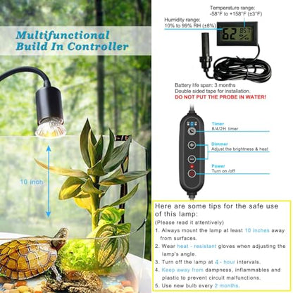 DOMICA Dimmable Reptile Heat Lamp with Timer + 75W UVA UVB Light Bulb, Basking Spot Light Simulated Sunlight, Heating Lamp for Turtle, Lizard, Snake, Beared Dragon, Amphibians