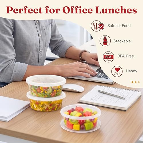 8 oz plastic containers with lids(48Set/96Pcs) BPA-Free Plastic Soup Containers with lids, Freezer Microwave Safe Small Cups for Portion Condiment Dipping Sauce, Salad Dressing - size: 8 oz - 48 Sets
