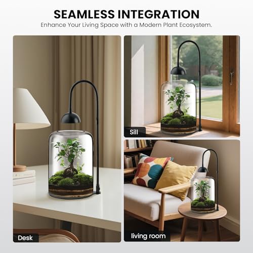 Glass Plant Terrarium with LED Grow Light, Adjustable Ventilation Desktop Indoor Planter for Venus Fly Trap, Moss & Succulents, 8.2" Borosilicate Mini Greenhouse for Home Office Decor