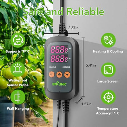 BN-LINK Digital Temperature Controller Thermostat Outlet with Heating Cooling Mode, 2-Stage Outlet Thermostat Controller Plug for Reptiles Aquarium Carboy Homebrew Breeding Fermenter Seed Germination - style: T10